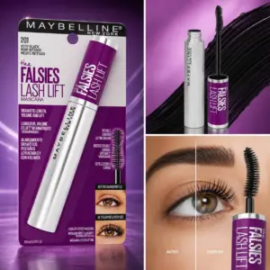 Máscara de pestañas Maybelline The Falsies Lash Lift color negro intenso 201 en su empaque púrpura, con cepillo curvado y aplicador.